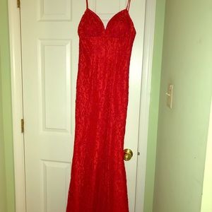 Faviana lace red prom dress